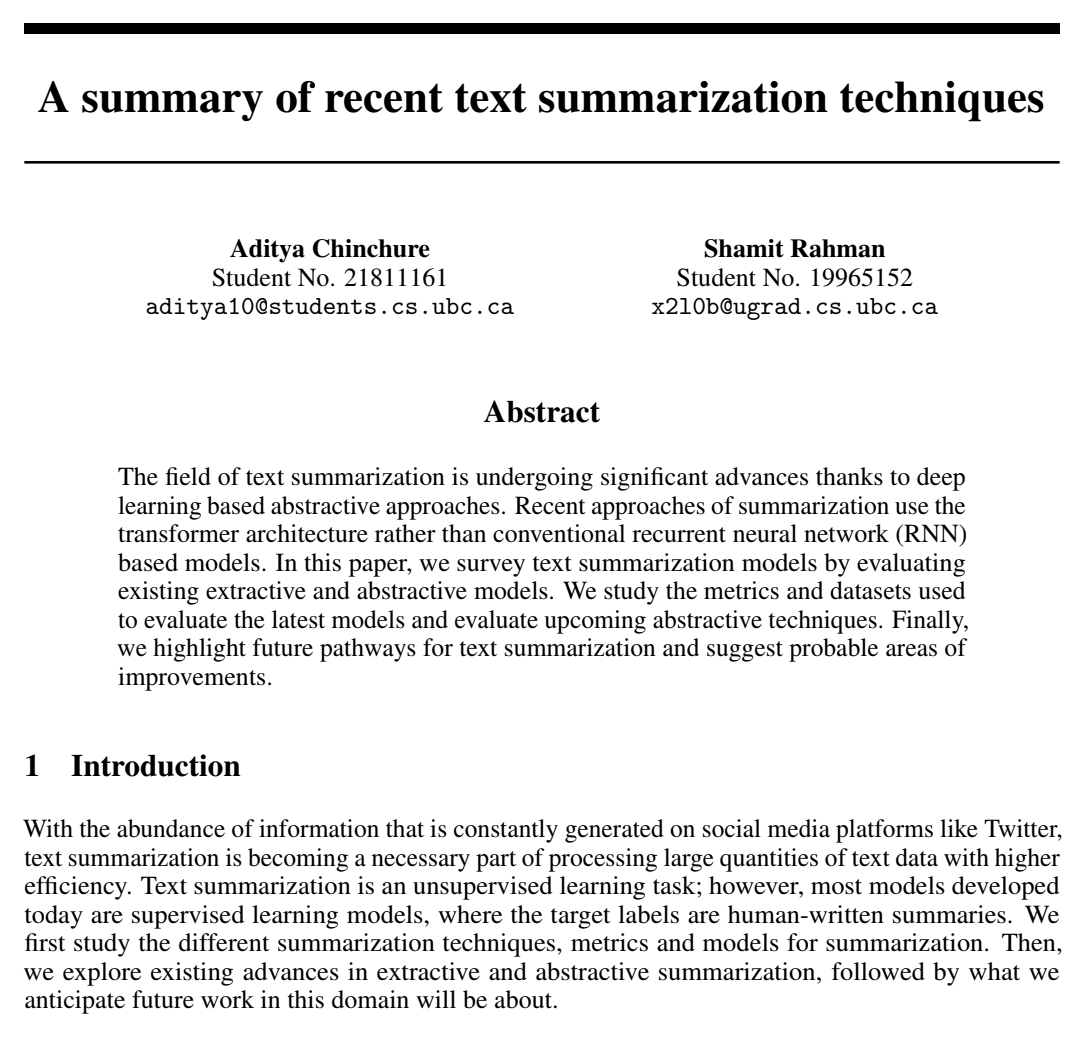 A Summary of Recent Text Summarization Techniques